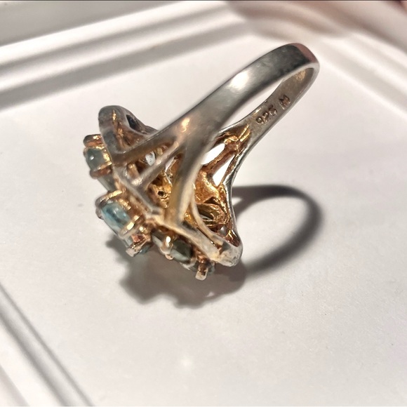 Vintage Aquamarine 925 M Cluster Rare Floral Antique Cluster Ring - Picture 3 of 10